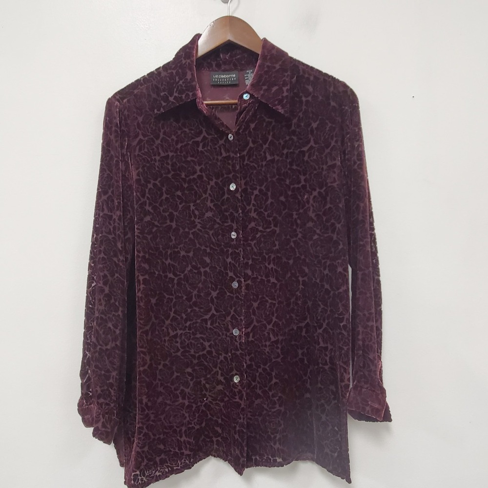 Liz Claiborne Velvet Burnout Button Up Shirt 2 Petite Silk Purple 60860042